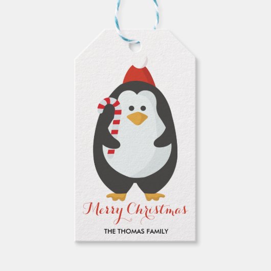 Schattigee Pinguïn Merry Christmas Candy Cane Cadeaulabel (Voorkant)