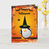 Schattigee pinguïn met heksen Pet Halloween Kaart (Gele Bloem)