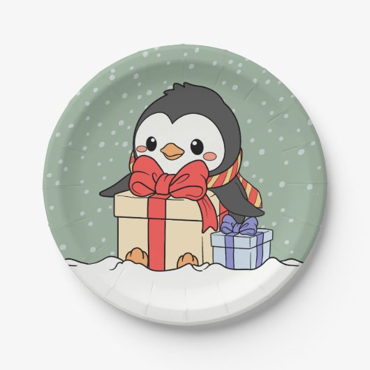 Schattigee pinguïn met kerstcadeaus in de sneeuwva papieren bordje (Voorkant)
