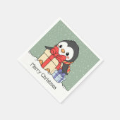 Schattigee pinguïn met kerstcadeaus in de sneeuwva servet (Hoek)
