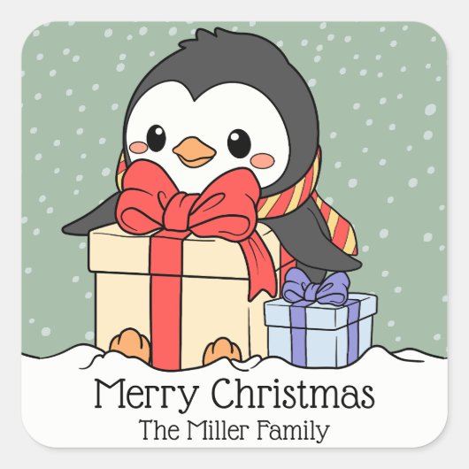 Schattigee pinguïn met kerstcadeaus in de sneeuwva vierkante sticker (Voorkant)