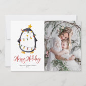 Schattigee pinguïn met kerstverlichting Foto Feestdagenkaart (Voorkant)