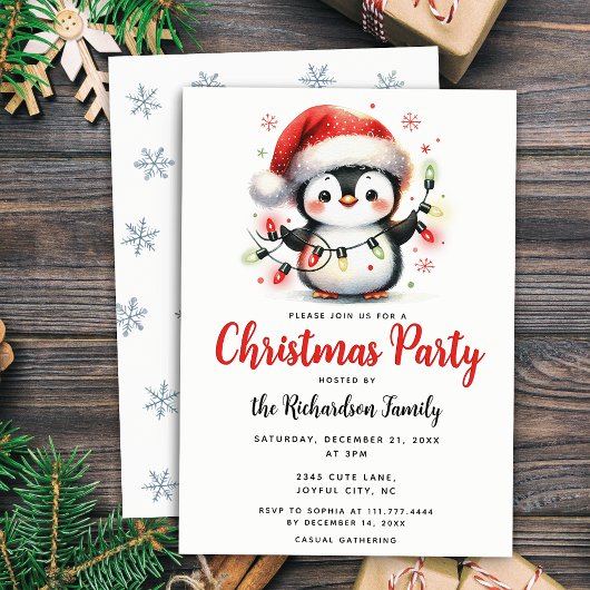 Schattigee pinguïn met lampjes Feestelijke Kerst Kaart