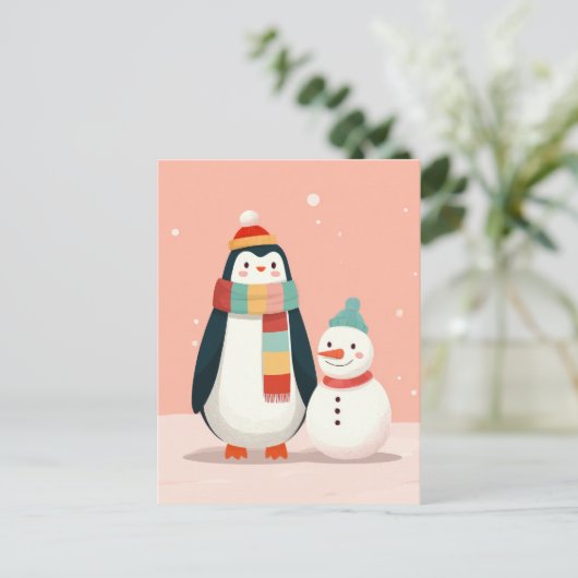 Schattigee pinguïn met sneeuwman pastel roze kerst briefkaart (Staand voorkant)