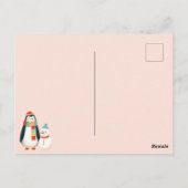 Schattigee pinguïn met sneeuwman pastel roze kerst briefkaart (Achterkant)