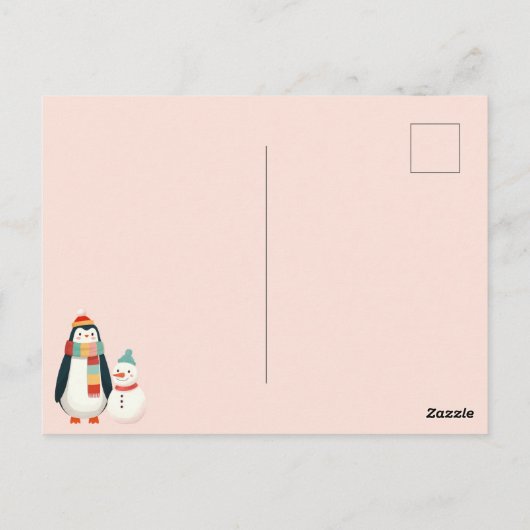 Schattigee pinguïn met sneeuwman pastel roze kerst briefkaart (Achterkant)