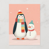 Schattigee pinguïn met sneeuwman pastel roze kerst briefkaart (Voorkant)