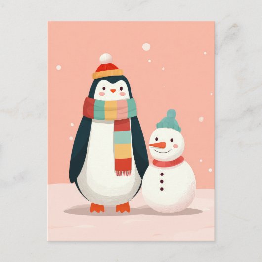 Schattigee pinguïn met sneeuwman pastel roze kerst briefkaart (Voorkant)