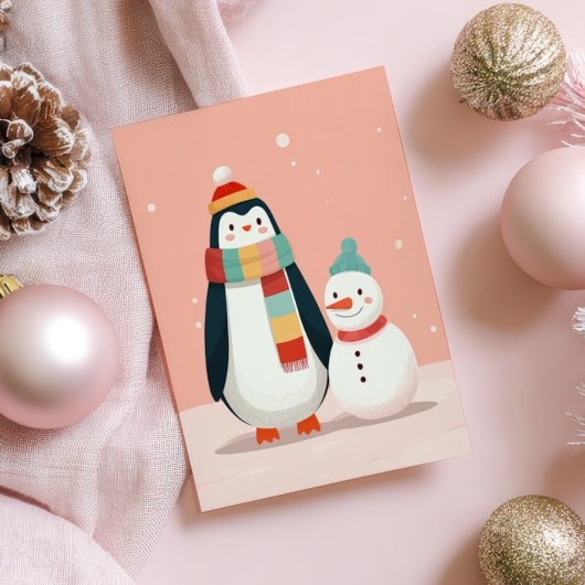 Schattigee pinguïn met sneeuwman pastel roze kerst briefkaart