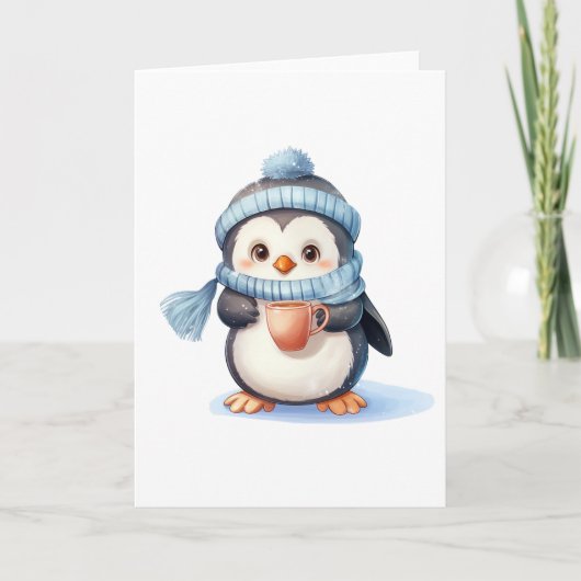 Schattigee Pinguïn met Winterkleding en Beker BLAN Feestdagen Kaart (Voorkant)