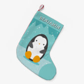 Schattigee Pinguïn op Ice Blue Winter Cartoon Naam Kleine Kerstsok (Voorkant (Hangend))