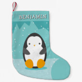 Schattigee Pinguïn op Ice Blue Winter Cartoon Naam Kleine Kerstsok (Voorkant)