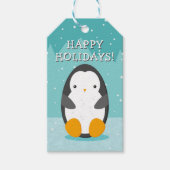 Schattigee pinguïn op ijsblauwe Cartoon Kerst Cadeaulabel (Voorkant)