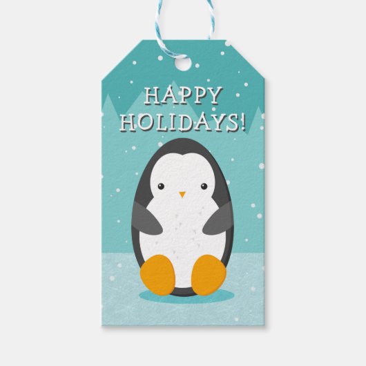 Schattigee pinguïn op ijsblauwe Cartoon Kerst Cadeaulabel (Voorkant)