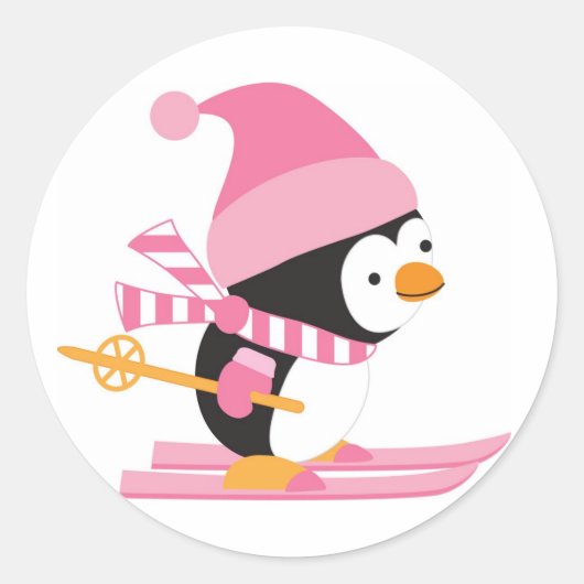 Schattigee Pinguïn op Sneeuwski's Ronde Sticker (Voorkant)