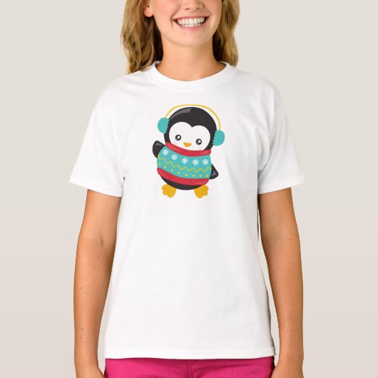 Schattigee pinguïn, pinguïn met trui, oorkappen t-shirt (Voorkant)