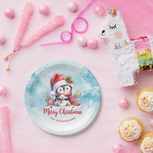 Schattigee pinguïn rood en blauw aangepaste vrolij papieren bordje (Feest)