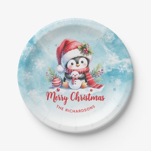 Schattigee pinguïn rood en blauw aangepaste vrolij papieren bordje (Voorkant)