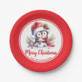 Schattigee Pinguïn Rood Wit Custom Vrolijk Kerstmi Papieren Bordje (Voorkant)