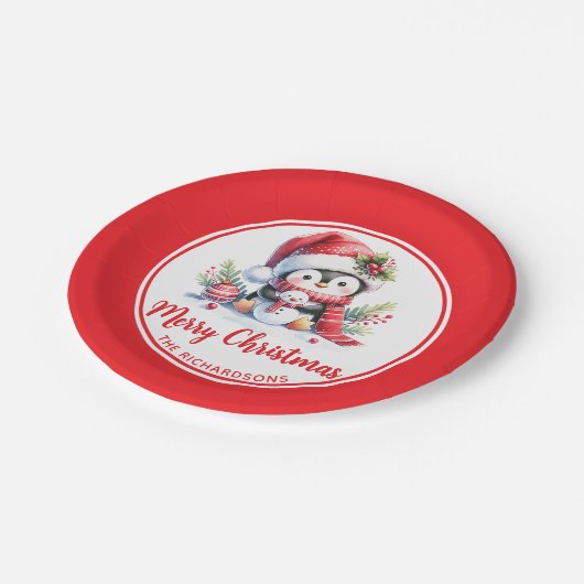 Schattigee Pinguïn Rood Wit Custom Vrolijk Kerstmi Papieren Bordje (Gekanteld)