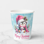 Schattigee pinguïn roze en besneeuwd blauw vrolijk papieren bekers (Achterkant)