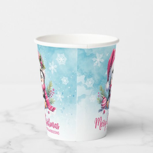 Schattigee pinguïn roze en besneeuwd blauw vrolijk papieren bekers (Rechts)