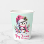 Schattigee pinguïn roze en mintgroen vrolijk kerst papieren bekers (Achterkant)