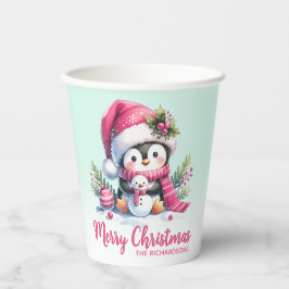 Schattigee pinguïn roze en mintgroen vrolijk kerst papieren bekers
