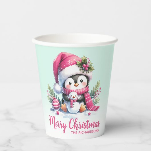 Schattigee pinguïn roze en mintgroen vrolijk kerst papieren bekers (Voorkant)
