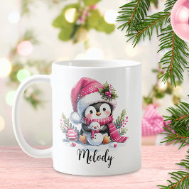 Schattigee Pinguïn Roze Kerst Gepersonaliseerd Koffiemok
