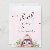 Schattigee Pinguïn Roze Wintersneeuw Dank u kaart (Voorkant)