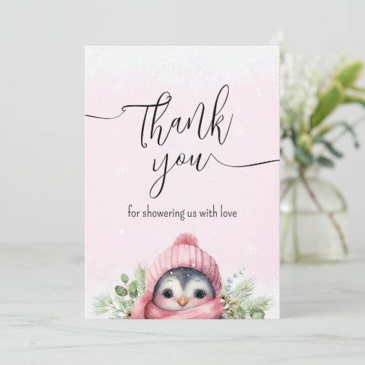 Schattigee Pinguïn Roze Wintersneeuw Dank u kaart (Staand voorkant)