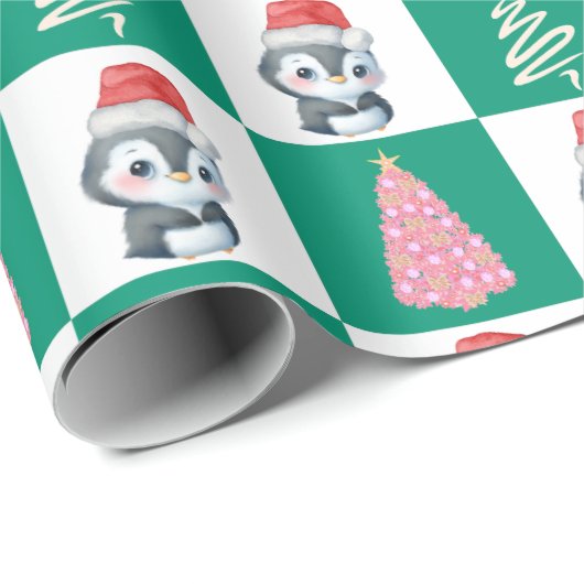 Schattigee Pinguïn Santa Vrolijk Kerstfeest Cadeaupapier (Rol Hoek)