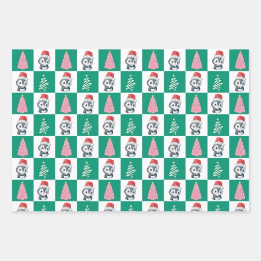 Schattigee Pinguïn Santa Vrolijk Kerstfeest Inpakpapier Vel (Voorkant 3)