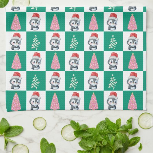 Schattigee Pinguïn Santa Vrolijk Kerstfeest Theedoek (Gevouwen)