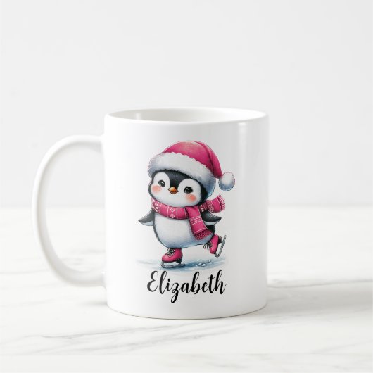 Schattigee Pinguïn Schaatsen Custom Roze Kerst Koffiemok (Links)