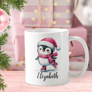 Schattigee Pinguïn Schaatsen Custom Roze Kerst Koffiemok