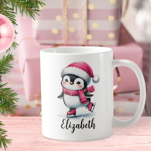 Schattigee Pinguïn Schaatsen Custom Roze Kerst Koffiemok