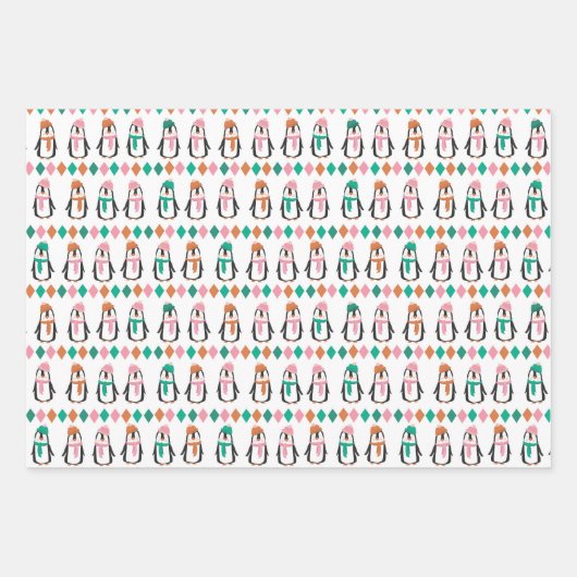 Schattigee Pinguïn & Sneeuwman Roze & Blauwgroen Inpakpapier Vel (Voorkant)