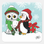 Schattigee Pinguïn Sneeuwuil Vriendschap Vierkante Sticker (Voorkant)