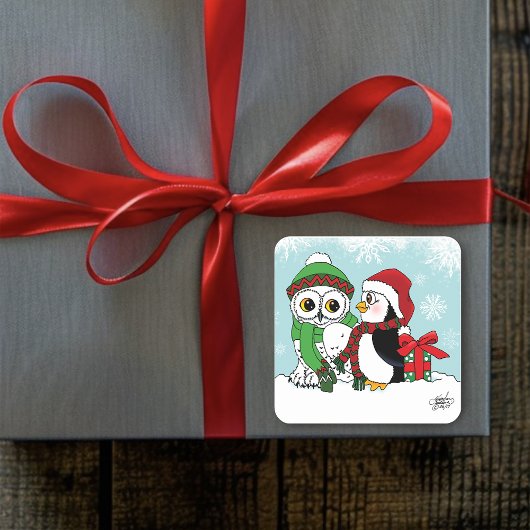 Schattigee Pinguïn Sneeuwuil Vriendschap Vierkante Sticker