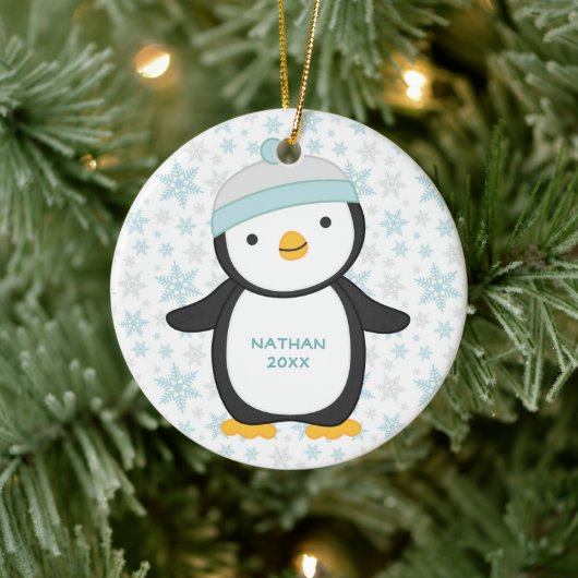 Schattigee Pinguïn Snowflake Jaar Naam Kerst Keramisch Ornament (Boom)
