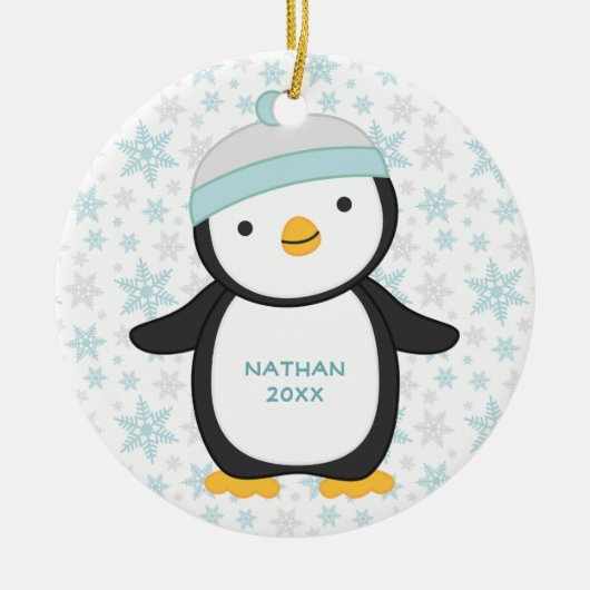 Schattigee Pinguïn Snowflake Jaar Naam Kerst Keramisch Ornament (Voorkant)
