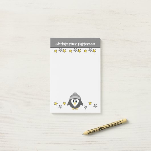 Schattigee pinguïn sterren naam kinder grijs geel post-it® notes (Op bureau)