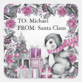 Schattigee pinguïn van Santa Kinder Kerst Vierkante Sticker (Voorkant)