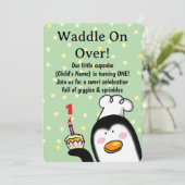 Schattigee Pinguïn Verjaardag (1e verjaardag) Kaart (Staand voorkant)