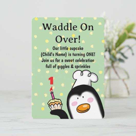 Schattigee Pinguïn Verjaardag (1e verjaardag) Kaart (Staand voorkant)