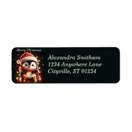 Schattigee pinguïn verpakt in kerstverlichting etiket