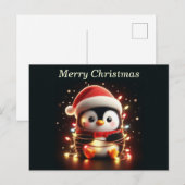 Schattigee pinguïn verpakt in kerstverlichting feestdagenkaart (Voorkant / Achterkant)