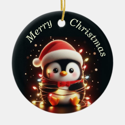 Schattigee pinguïn verpakt in kerstverlichting keramisch ornament (Voorkant)